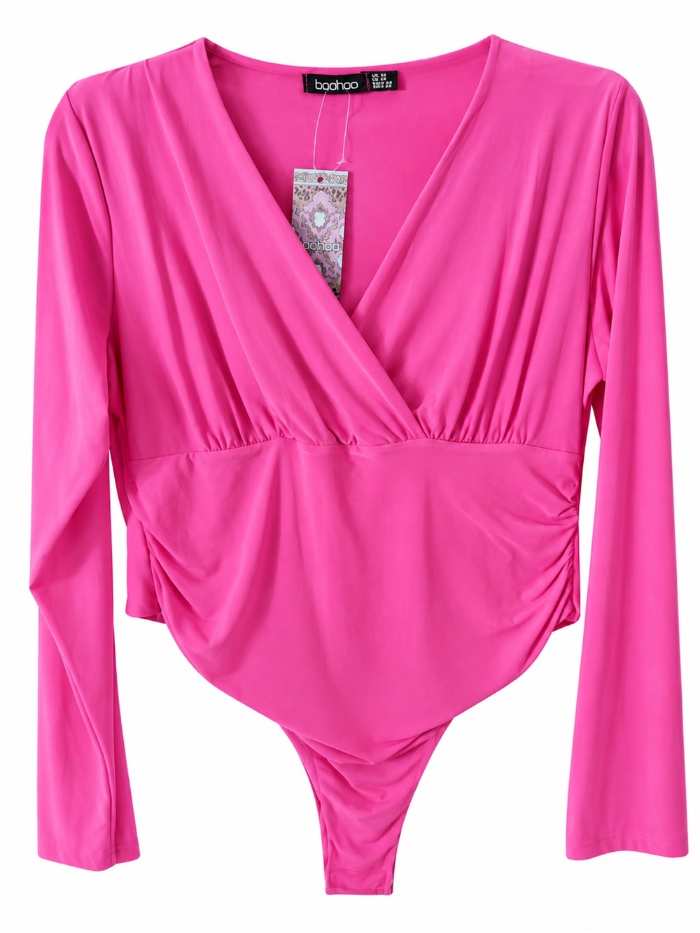 Boohoo Hot Pink Long Sleeve Wrap Bodysuit